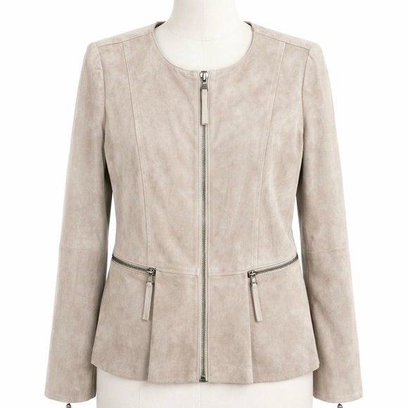 ecru Jackets & Blazers - Beige Suede Moto Jacket Minimalist Biker Peplum Spring Weight Cream Size Medium